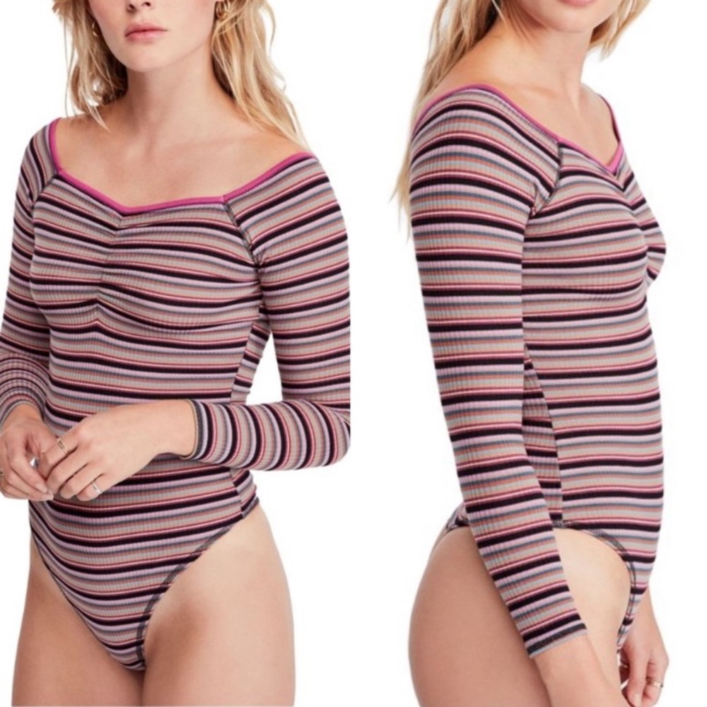 Free People Ribbed Knit Long Sleeve Put A Stripe On It Thong Bodysuit